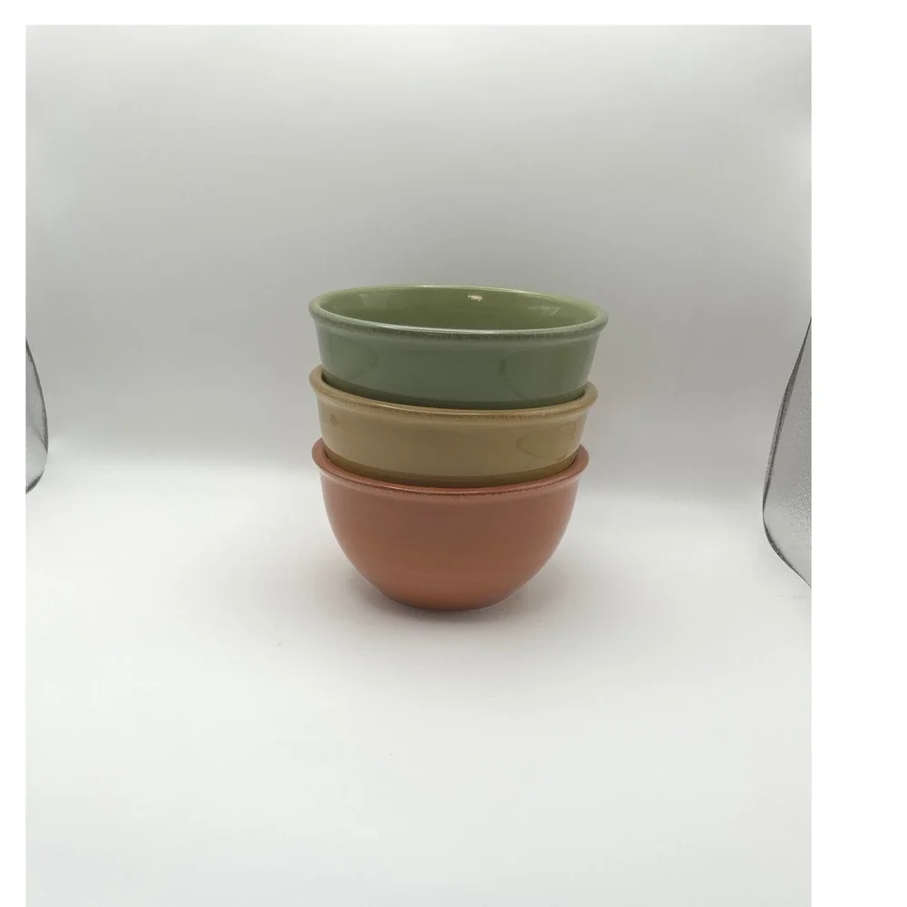 Tag Ceramic Dipping Bowl Set Metal Caddy Green Orange Yellow 3 Piece Set 7.25